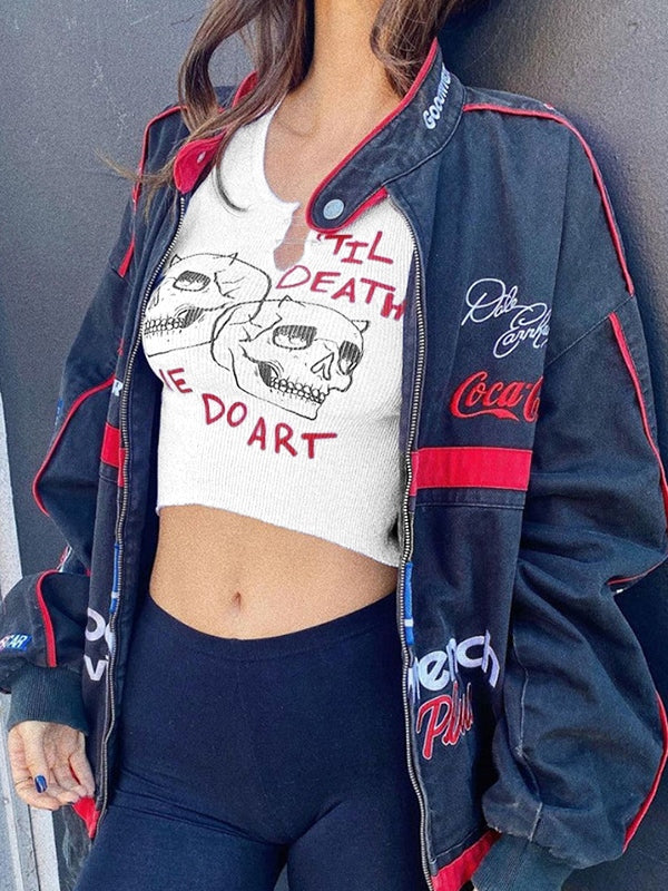 Skull Ribbed Cropped Tank Top