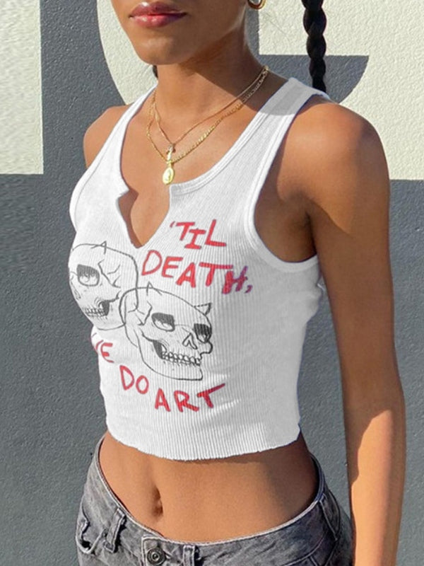 Skull Ribbed Cropped Tank Top
