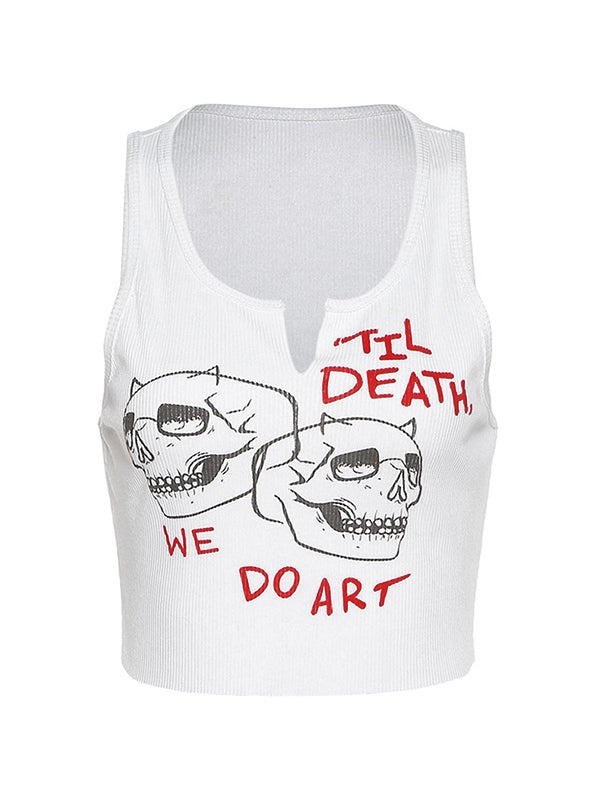 Skull Ribbed Cropped Tank Top