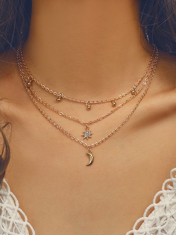 Multi Layered Rhinestone Star Moon Decor Necklace