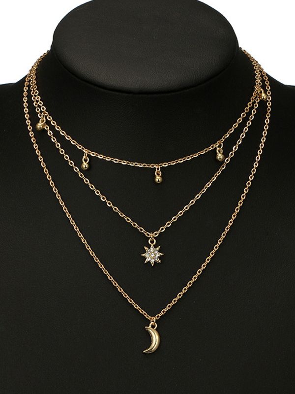 Multi Layered Rhinestone Star Moon Decor Necklace