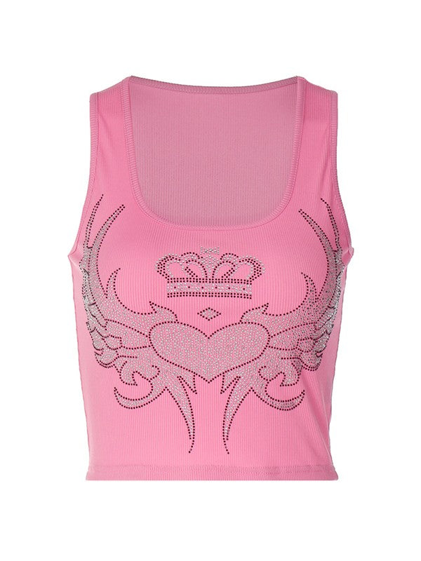 Rhinestone Winged Heart Ribbed Cropped Tank Top