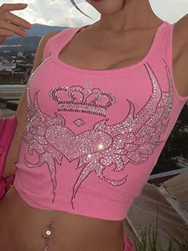 Rhinestone Winged Heart Ribbed Cropped Tank Top