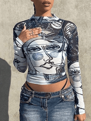 Abstract Face Mesh Long Sleeve Crop Top