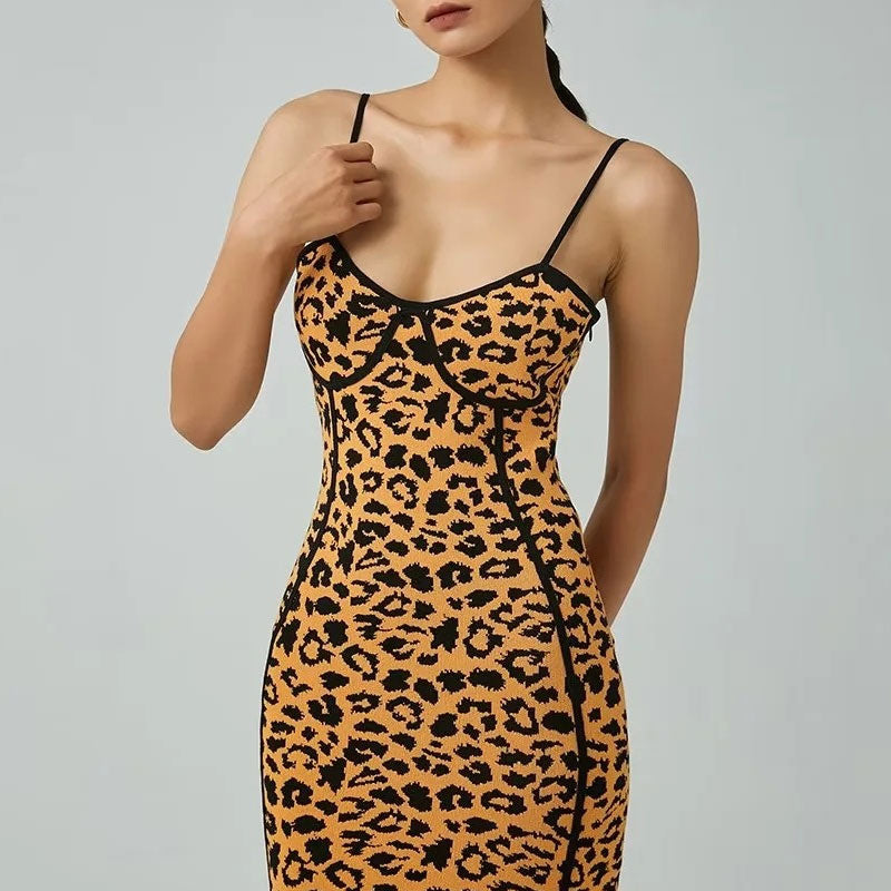 Alluring Sleeveless Bodycon Leopard Sweater Midi Dress - Leopard