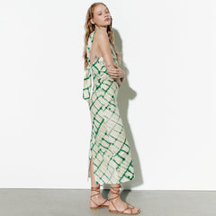 Tie Dye Checkered Print One Shoulder Midi Dress - Green