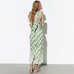 Tie Dye Checkered Print One Shoulder Midi Dress - Green