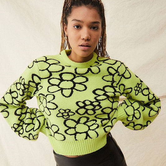 Bold Contrast Floral Bishop Sleeve Rib Knit Sweater - Green