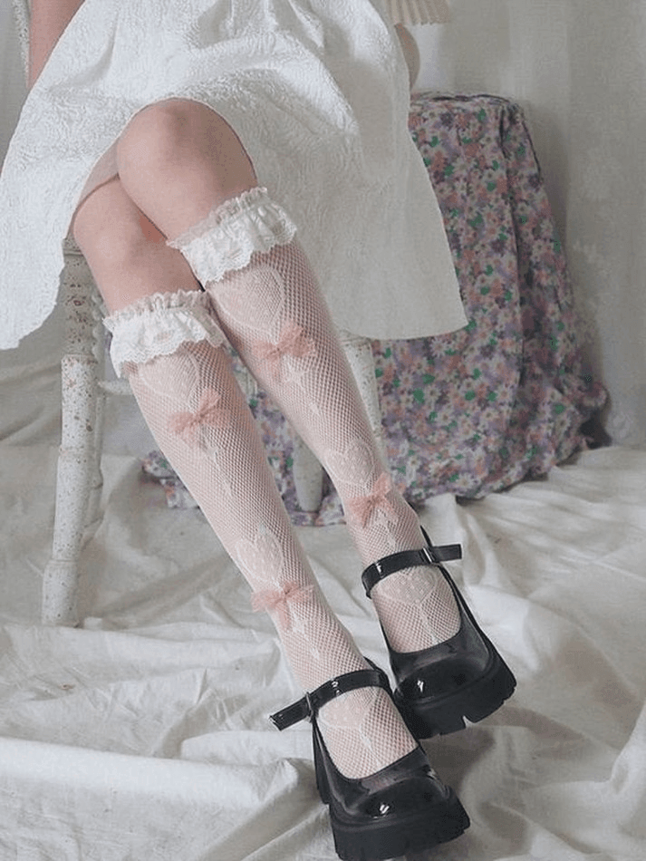 Bow Decor Lace Trim Fishnet Socks