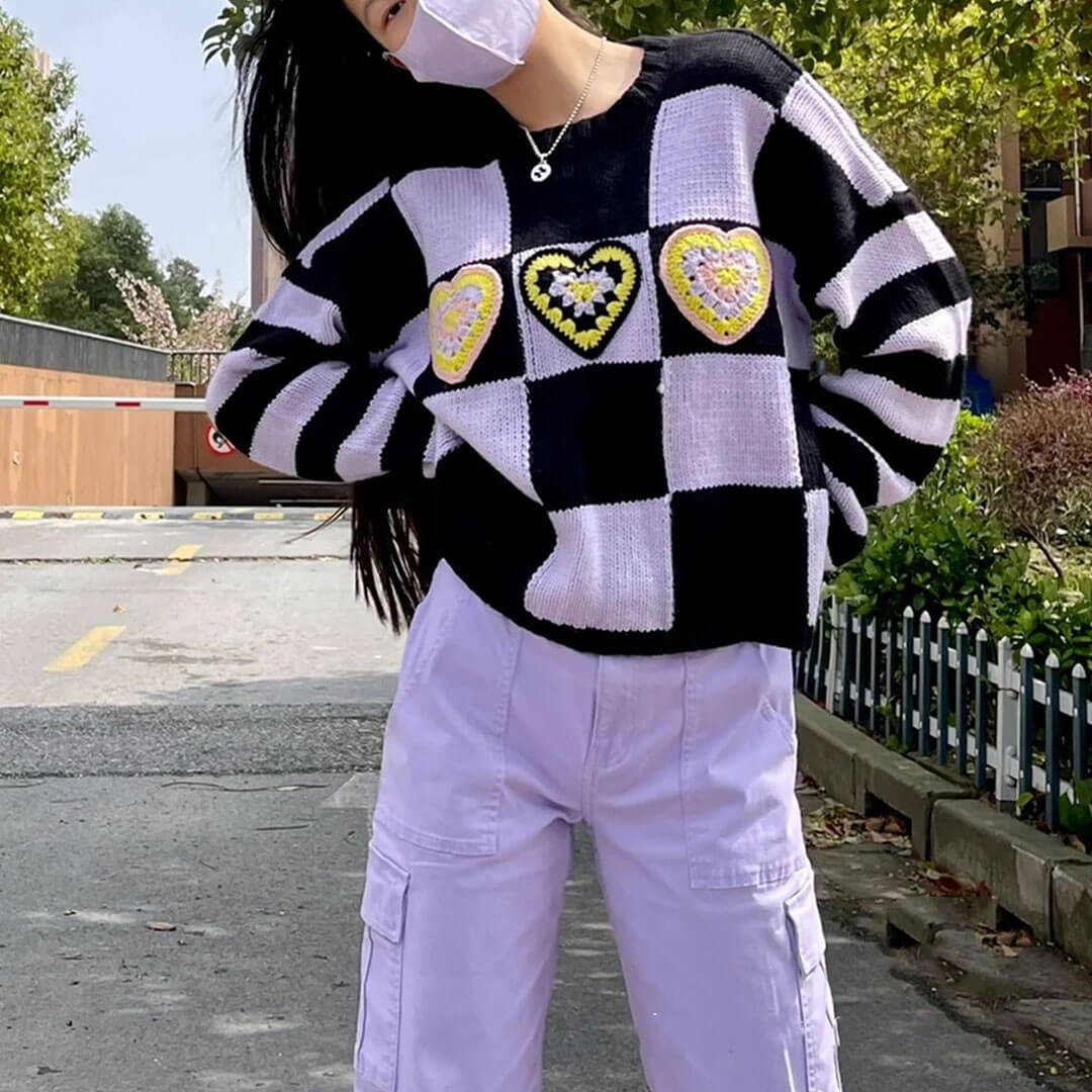Heart Checkered Long Sleeve Sweater - Purple