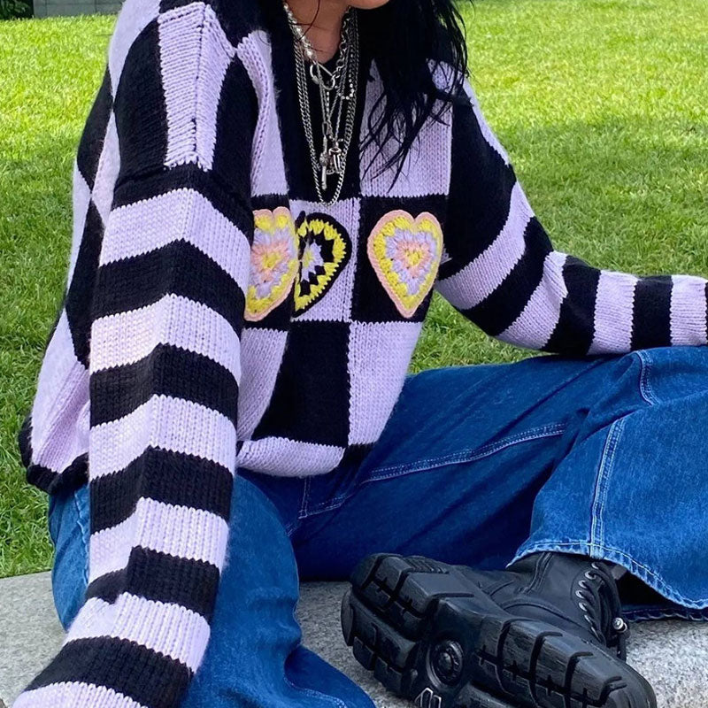 Heart Checkered Long Sleeve Sweater - Purple