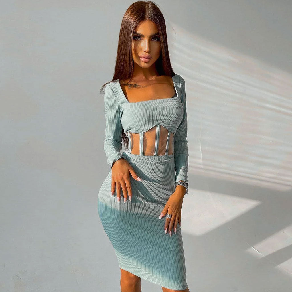 Square Neck Long Sleeve Mesh Panel Rib Knit Midi Dress - Teal