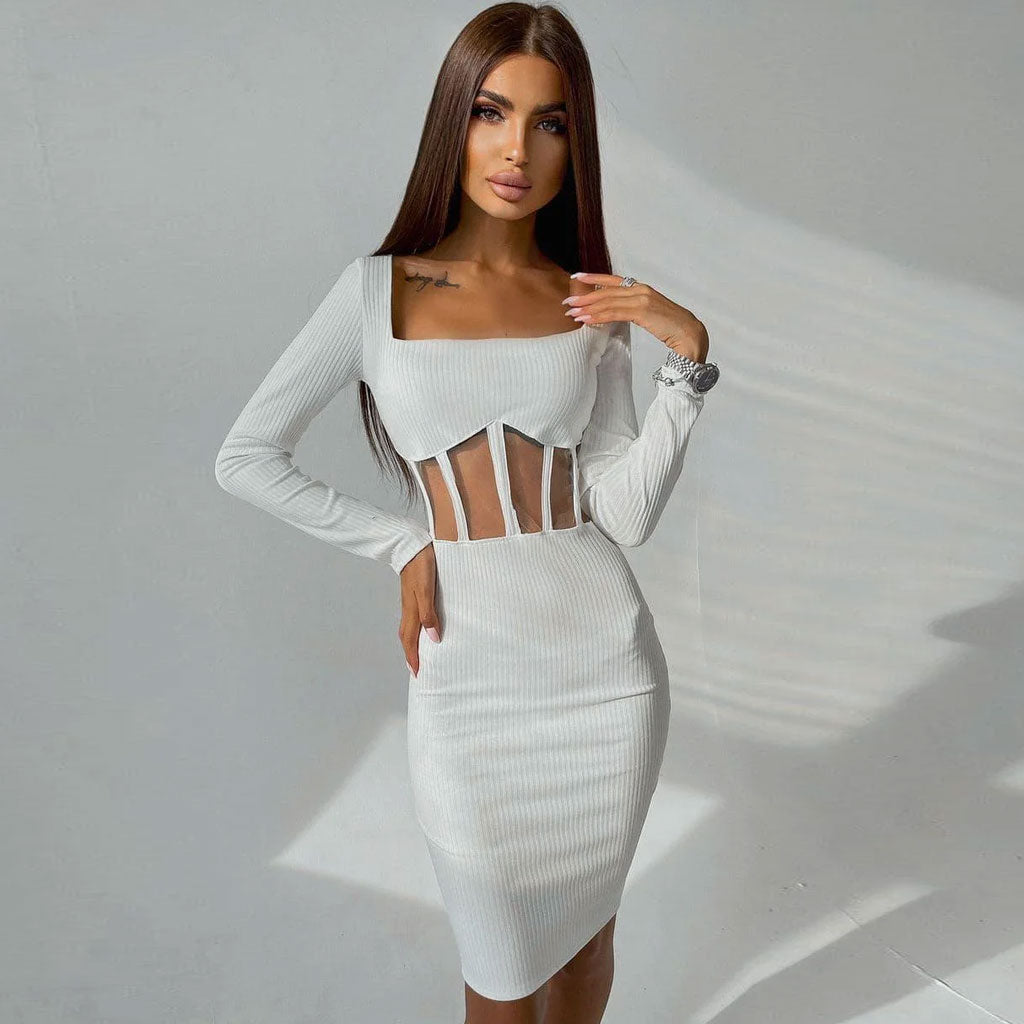 Square Neck Long Sleeve Mesh Panel Rib Knit Midi Dress - White