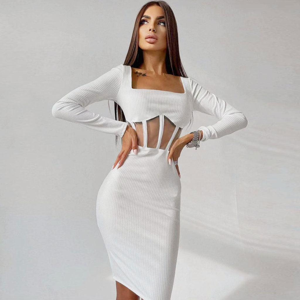 Square Neck Long Sleeve Mesh Panel Rib Knit Midi Dress - White