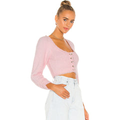 Cute Fuzzy Sleeved Knitted Crop Cardigan - Pink