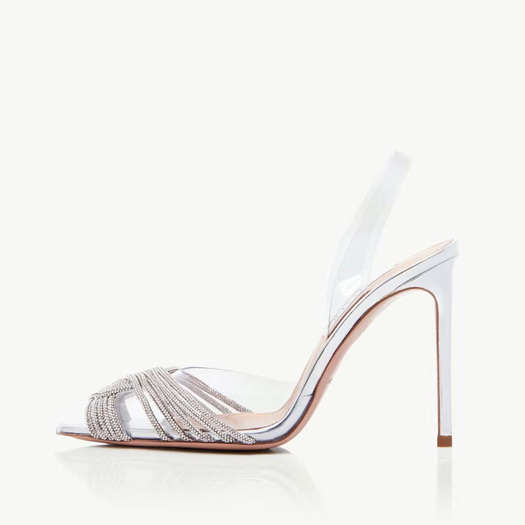 Rhinestone Twist Front Pointed Toe High Heel Pumps - Silver