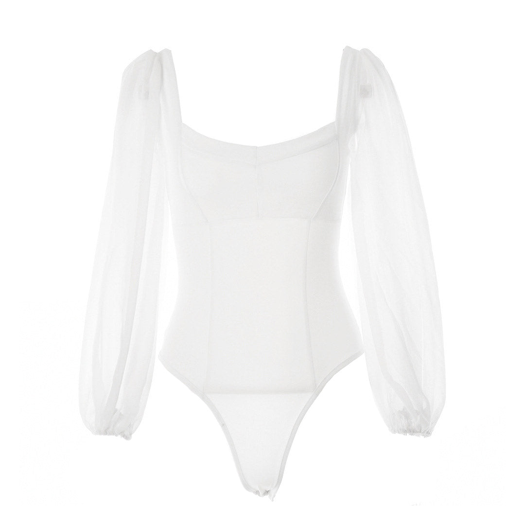 High Cut Mesh Puff Sleeves Sweetheart Bodysuit  - White