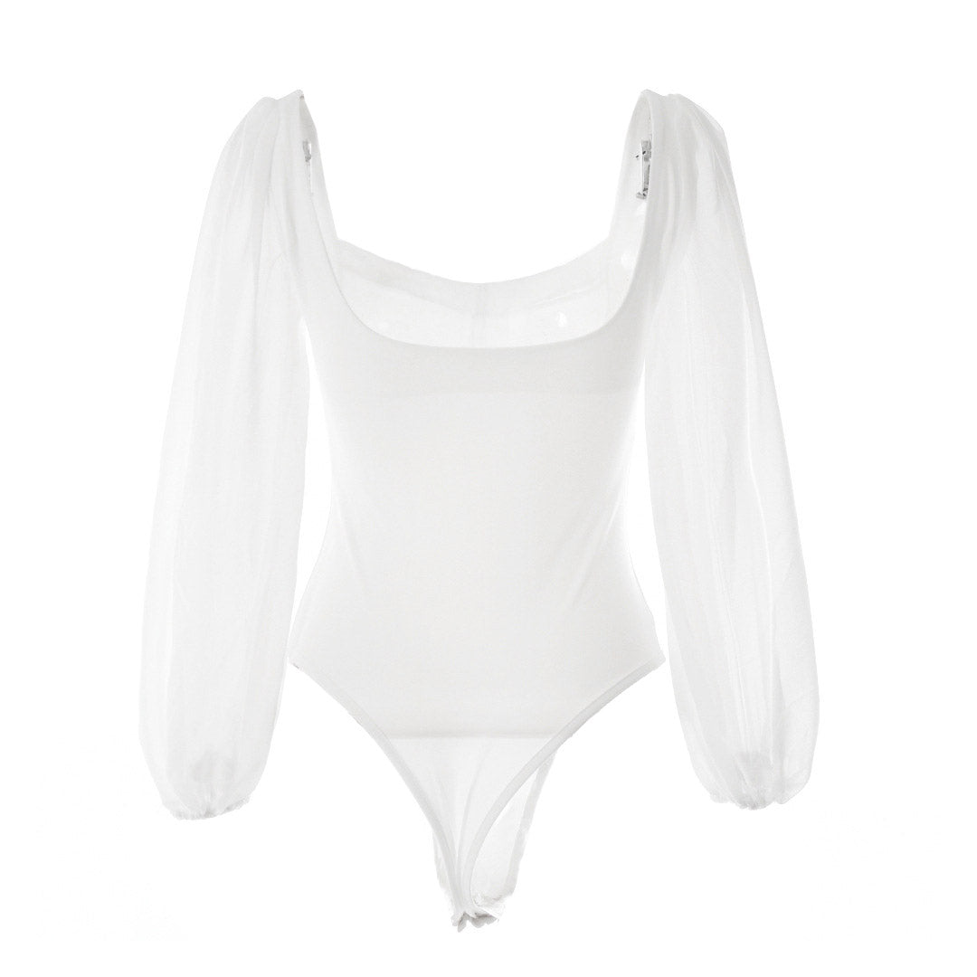 High Cut Mesh Puff Sleeves Sweetheart Bodysuit  - White