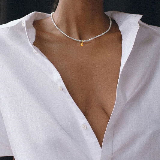 Pearl Embellished Bead Pendant Choker Necklace - White