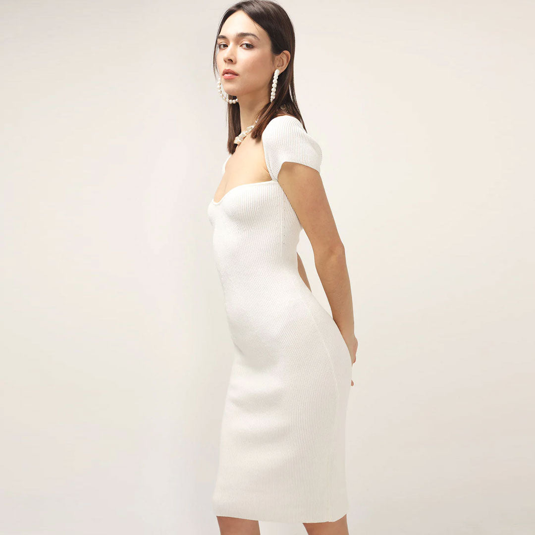 Sweetheart Neck Cap Sleeve Ribbed Knit Bodycon Midi Dress - White