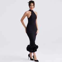 Ruffle Hem Sleeveless Bodycon Cocktail Midi Dress - Black