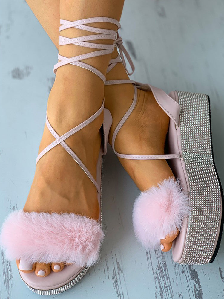 Fluffy Strap Rhinestone Strappy Sandals