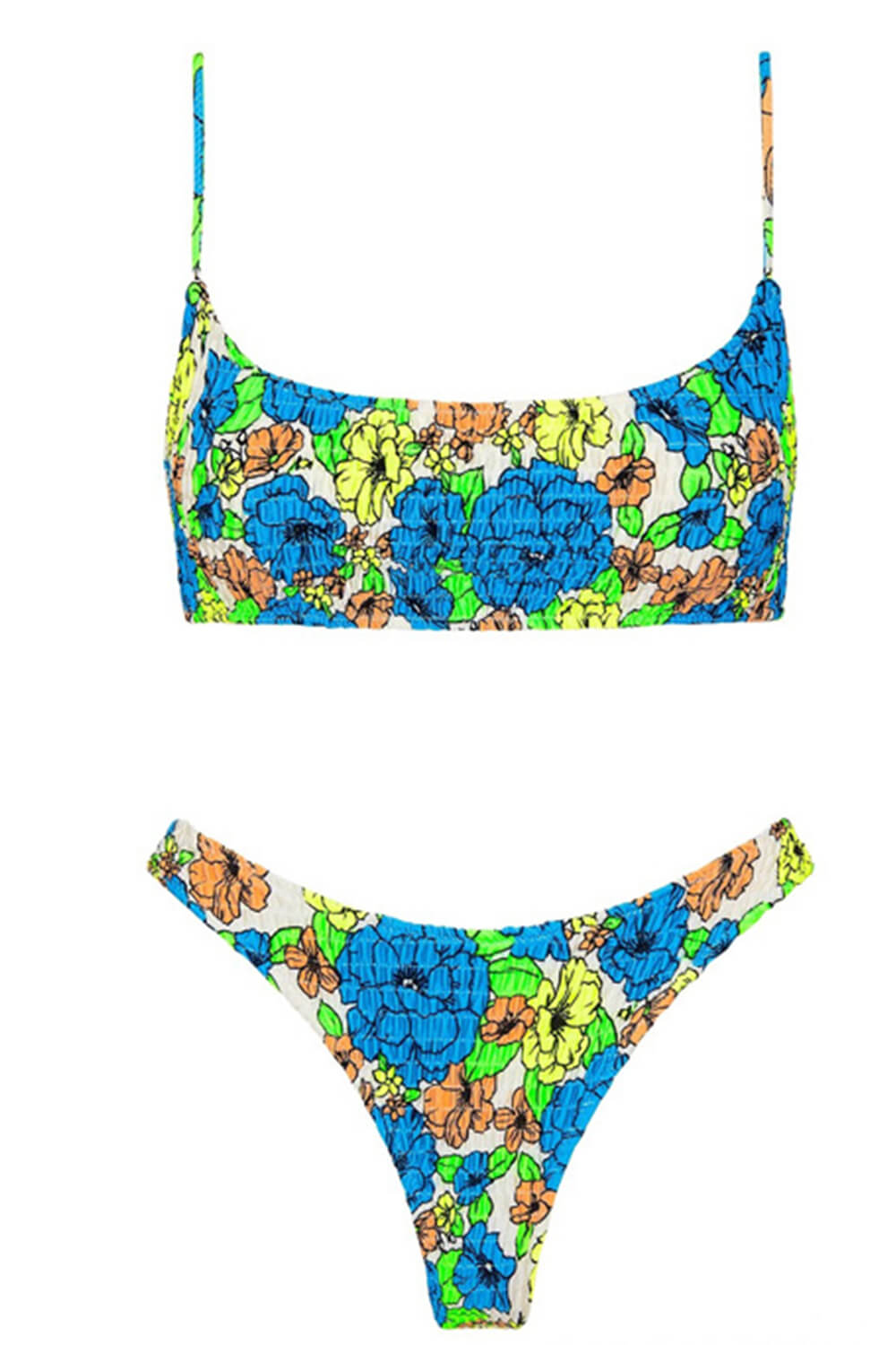 Medium Blue Floral Ruched Scoop Crop Bikini Top