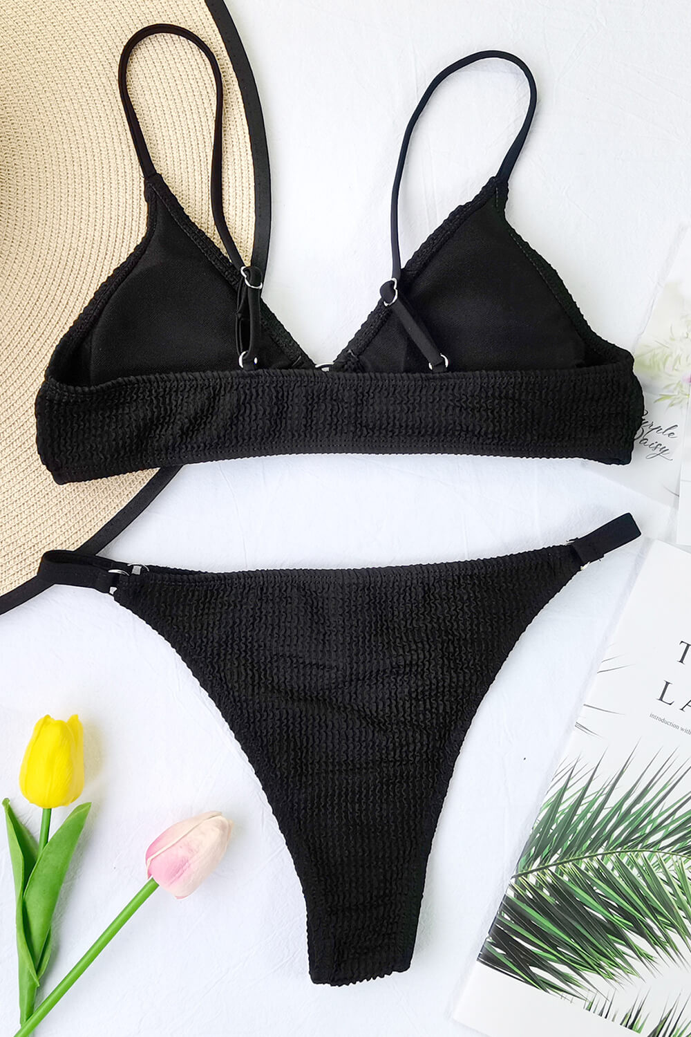 Black Smocked O-Ring Bikini Bottoms