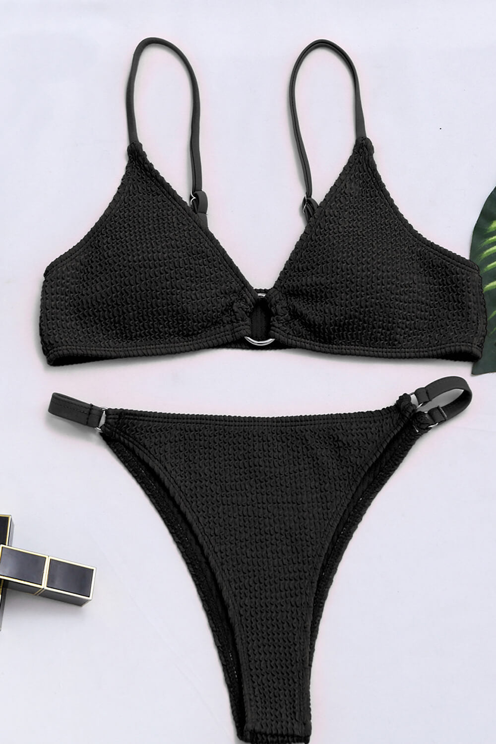 Black Smocked O-Ring Bikini Bottoms