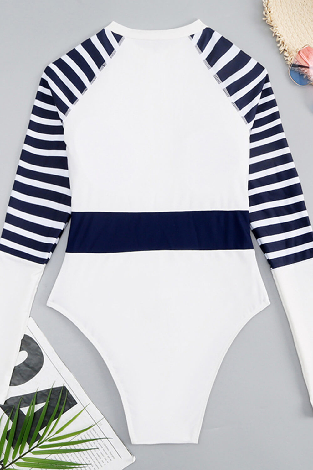 White Navy Zip Front Long Sleeve Swimsuit