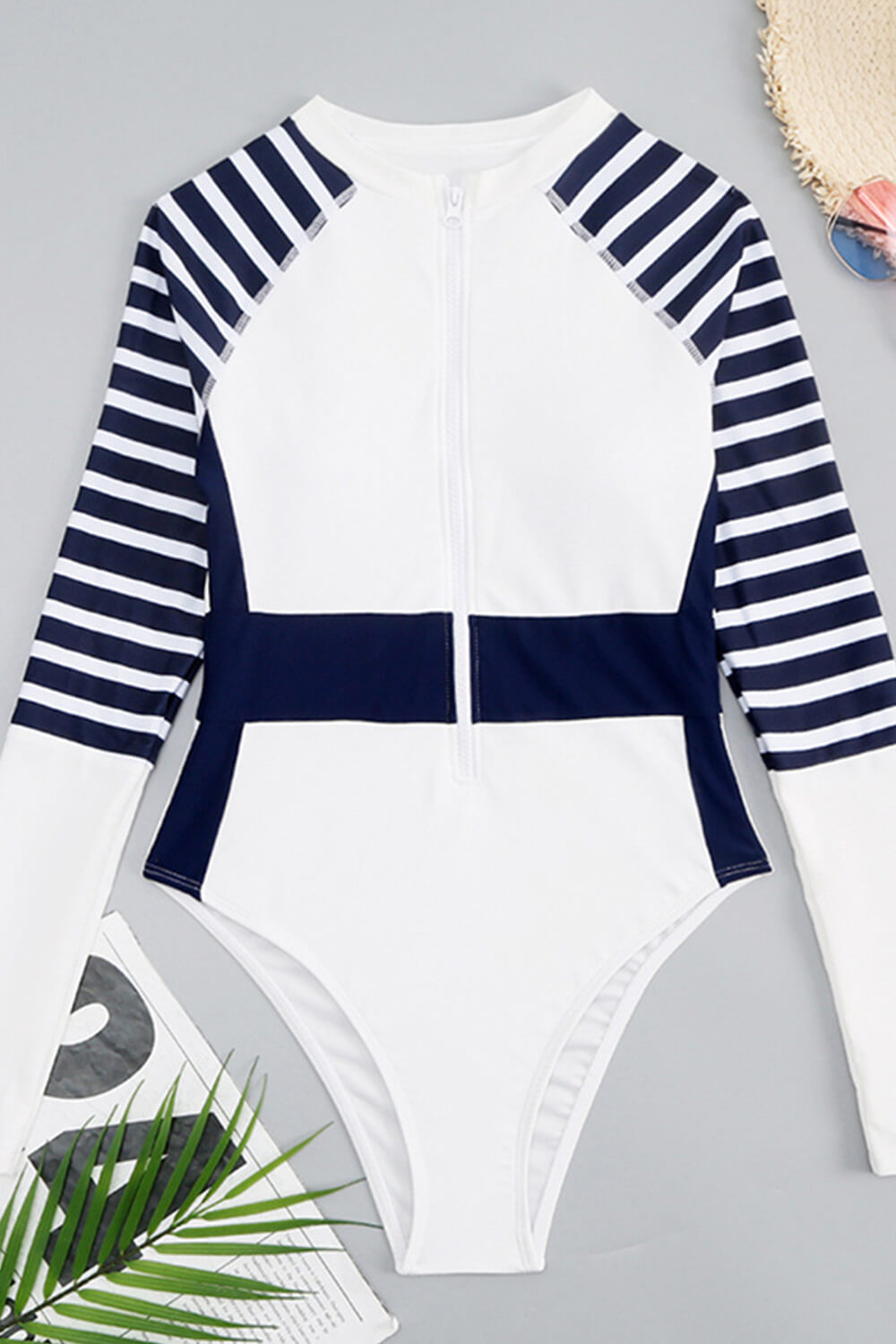 White Navy Zip Front Long Sleeve Swimsuit