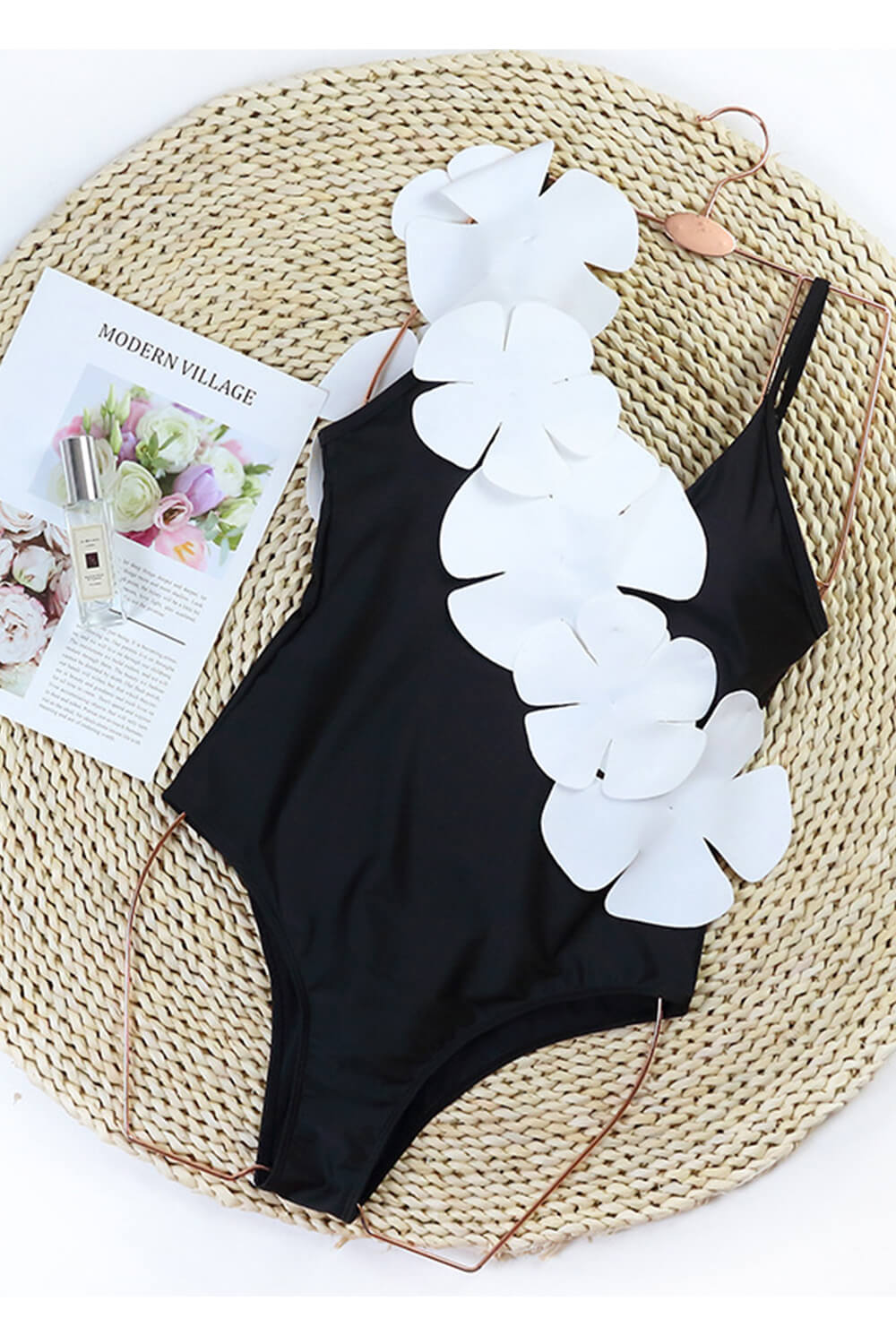 White Petals V-Neck One Piece Swimsuit