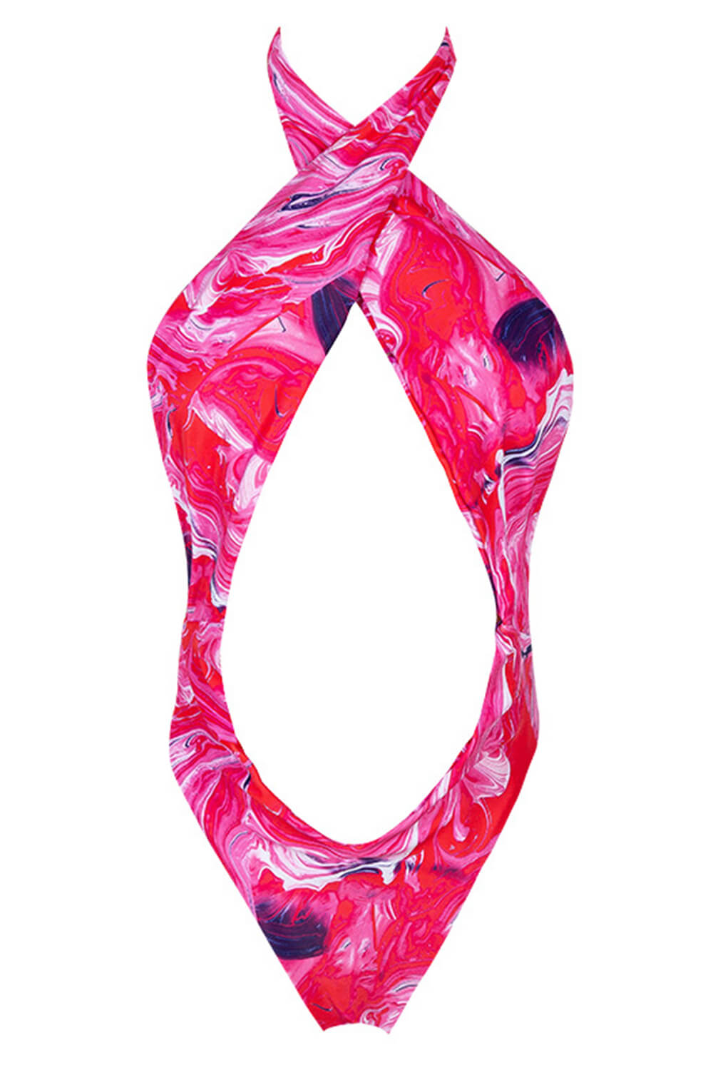 Abstract Printed Criss Cross Cut Out Halter One Piece Swimsuit - Pink/Orange
