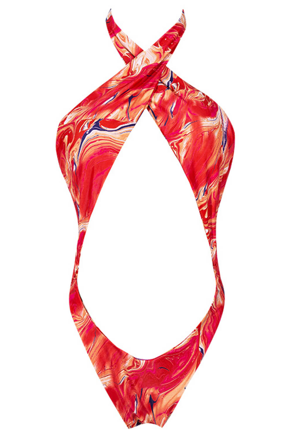 Abstract Printed Criss Cross Cut Out Halter One Piece Swimsuit - Pink/Orange
