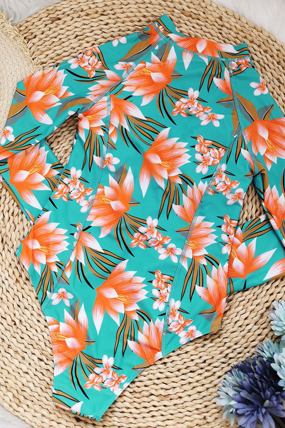 Tropical Palm Print Zipper Front Long Sleeve One Piece Swimsuit