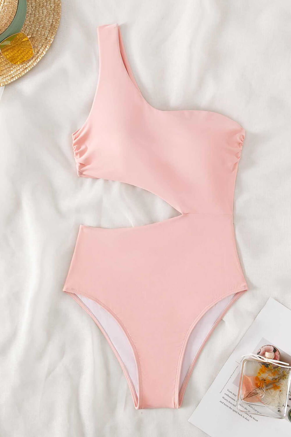 Cut-Out One-Shoulder One Piece Swimsuit - Black/Red/Petrol/Lightpink