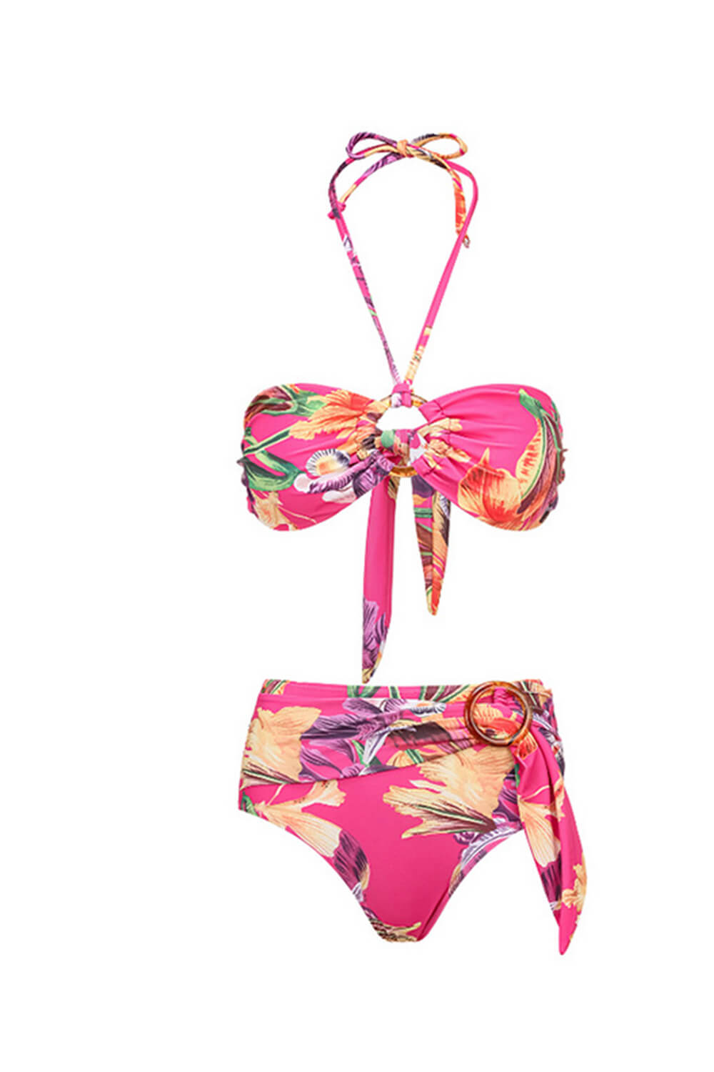 Floral-Print Bandeau Belted High Waisted Bikini Set With Ring Details