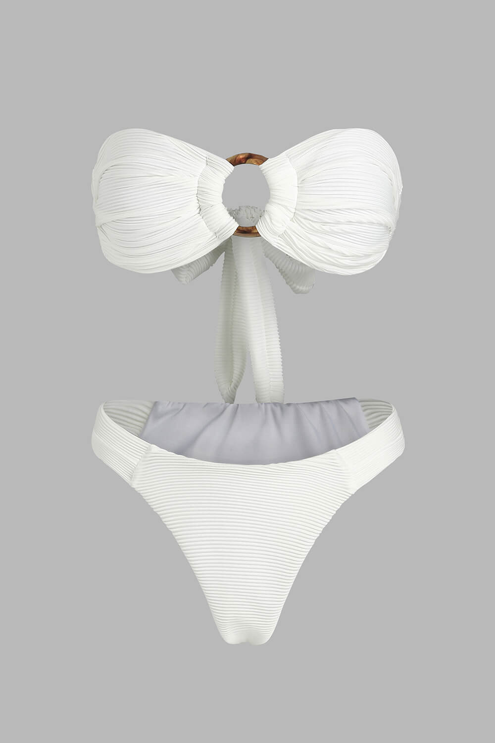 Ribbed Bandeau Tie Back Bikini Set With Tortoise Shell O-Ring Detail - White