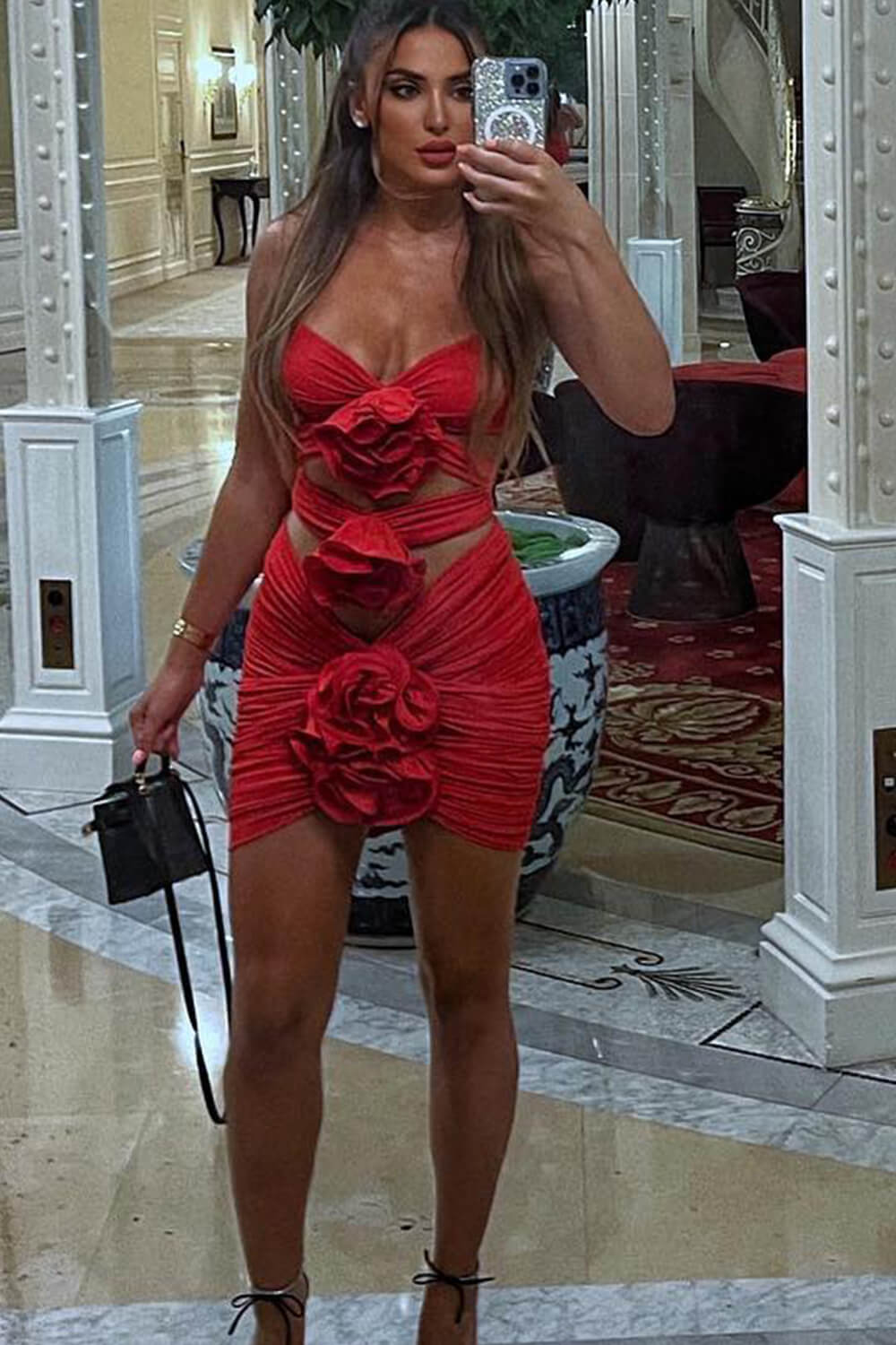 Rosette Cut Out Underwire Wrap Tie High Rise Bikini Set With Ruched Floral Mini Skirt - Red
