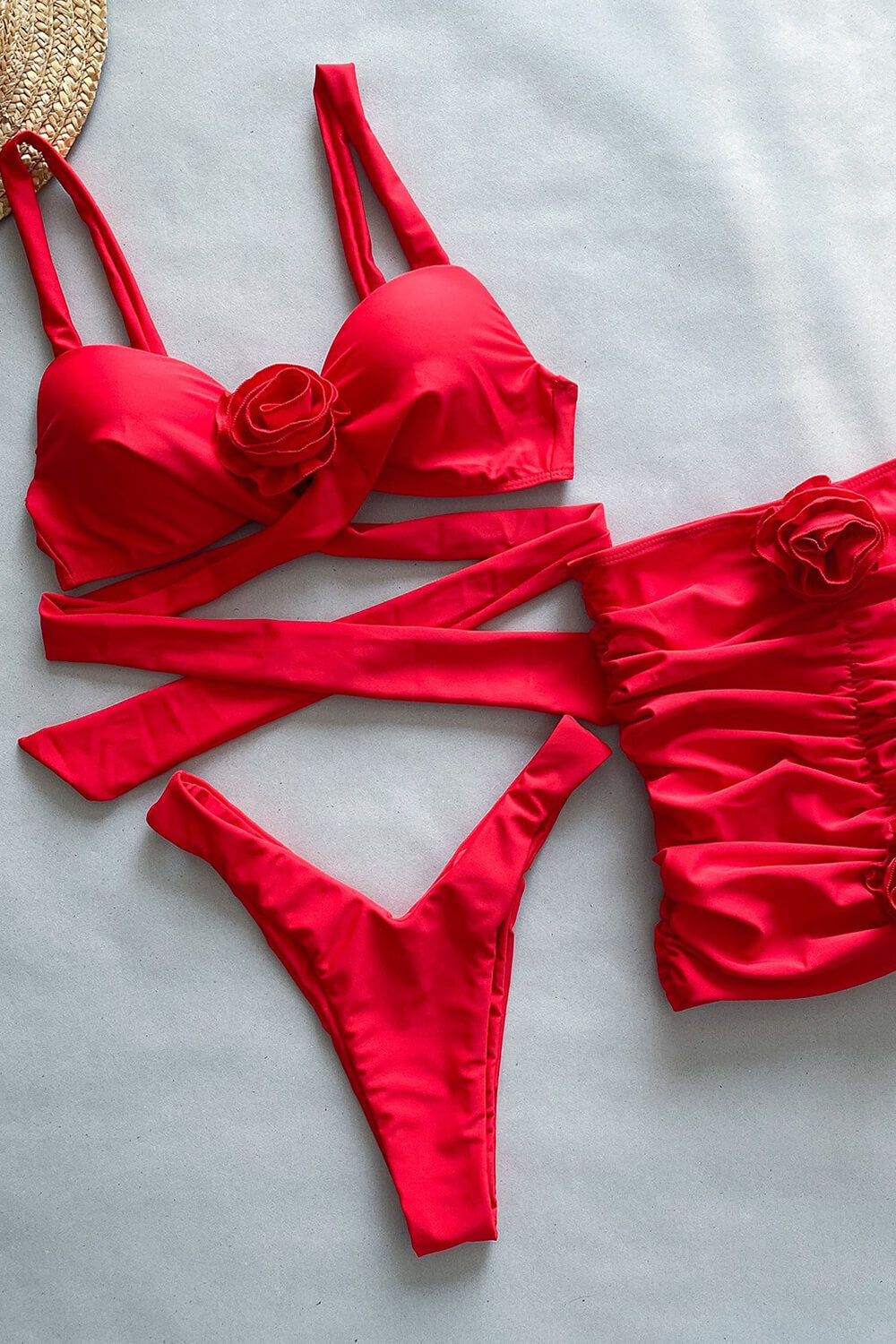 Rosette Cut Out Underwire Wrap Tie High Rise Bikini Set With Ruched Floral Mini Skirt - Red