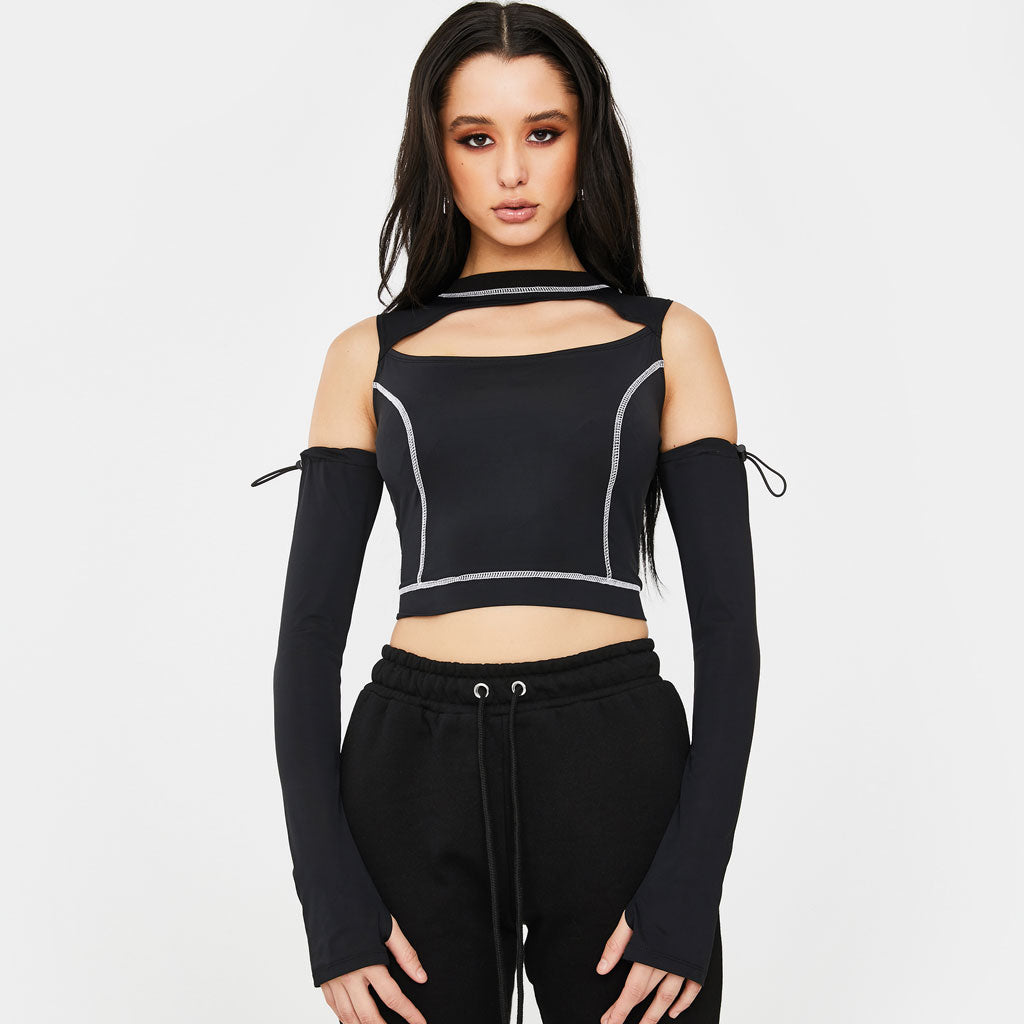 Style High Neck Cut Out Long sleeve Crop Top - Black