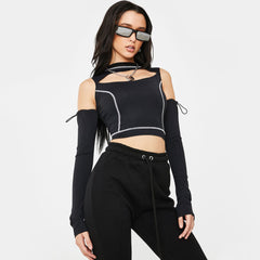 Style High Neck Cut Out Long sleeve Crop Top - Black