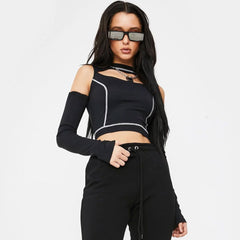 Style High Neck Cut Out Long sleeve Crop Top - Black