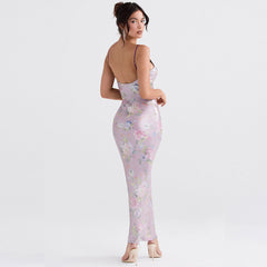 Flower Print V Neck Sleeveless Bodycon Maxi Dress - Pink