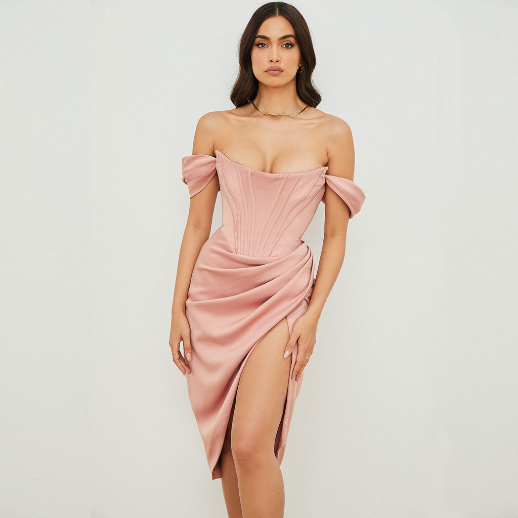 Off Shoulder Draped Corset Cocktail Midi Dress - Pink