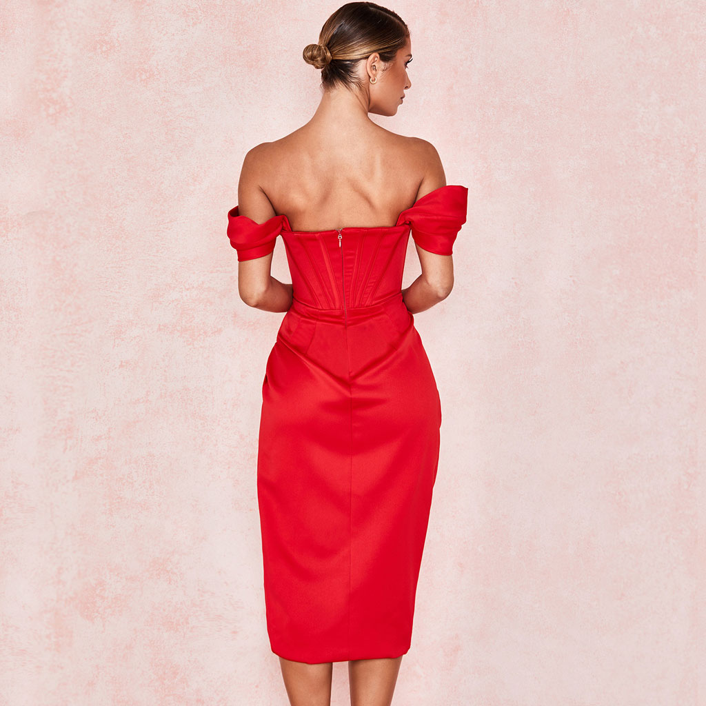 Off Shoulder Draped Corset Cocktail Midi Dress - Red