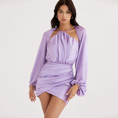 Ruched Bishop Sleeve Halter Mini Dress - Purple