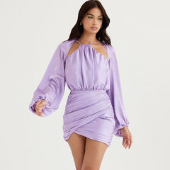 Ruched Bishop Sleeve Halter Mini Dress - Purple