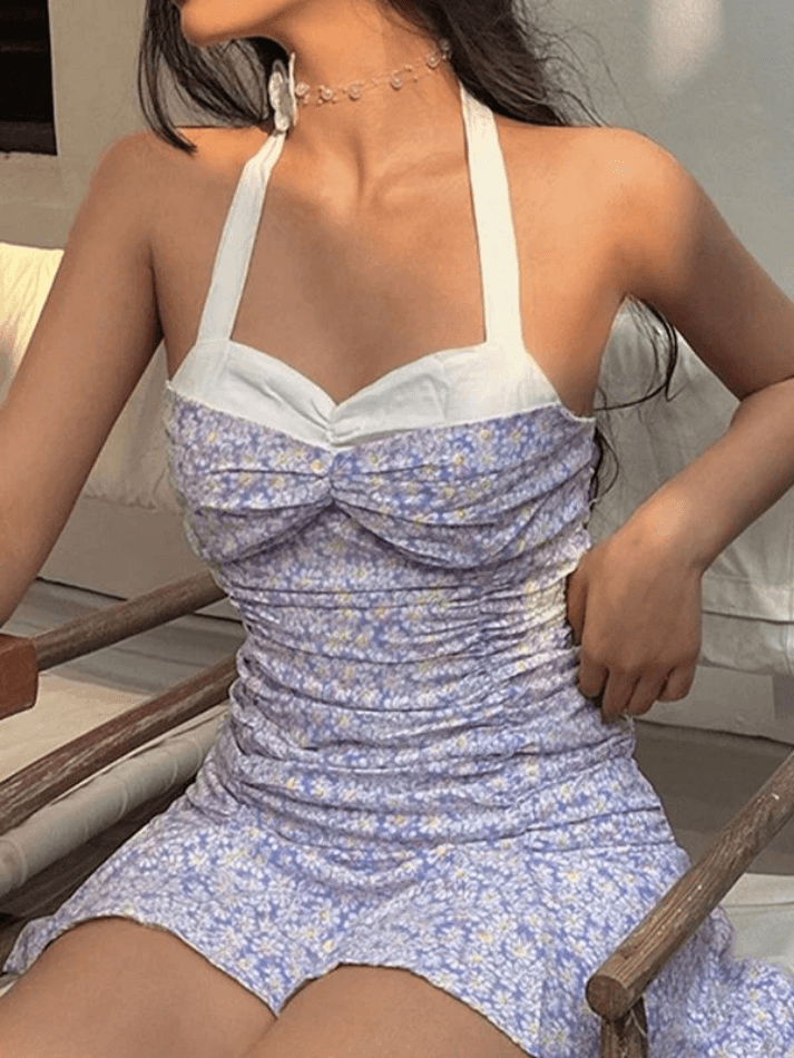 Halter Neck Contrast Color Floral Dress