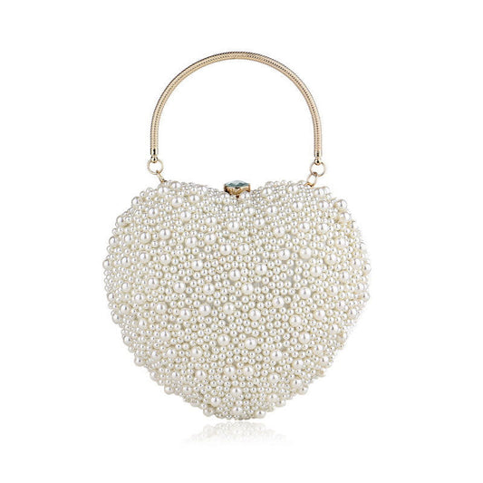 Lavish Pearl Crystal Embellished Heart Shaped Handle Bag - Beige